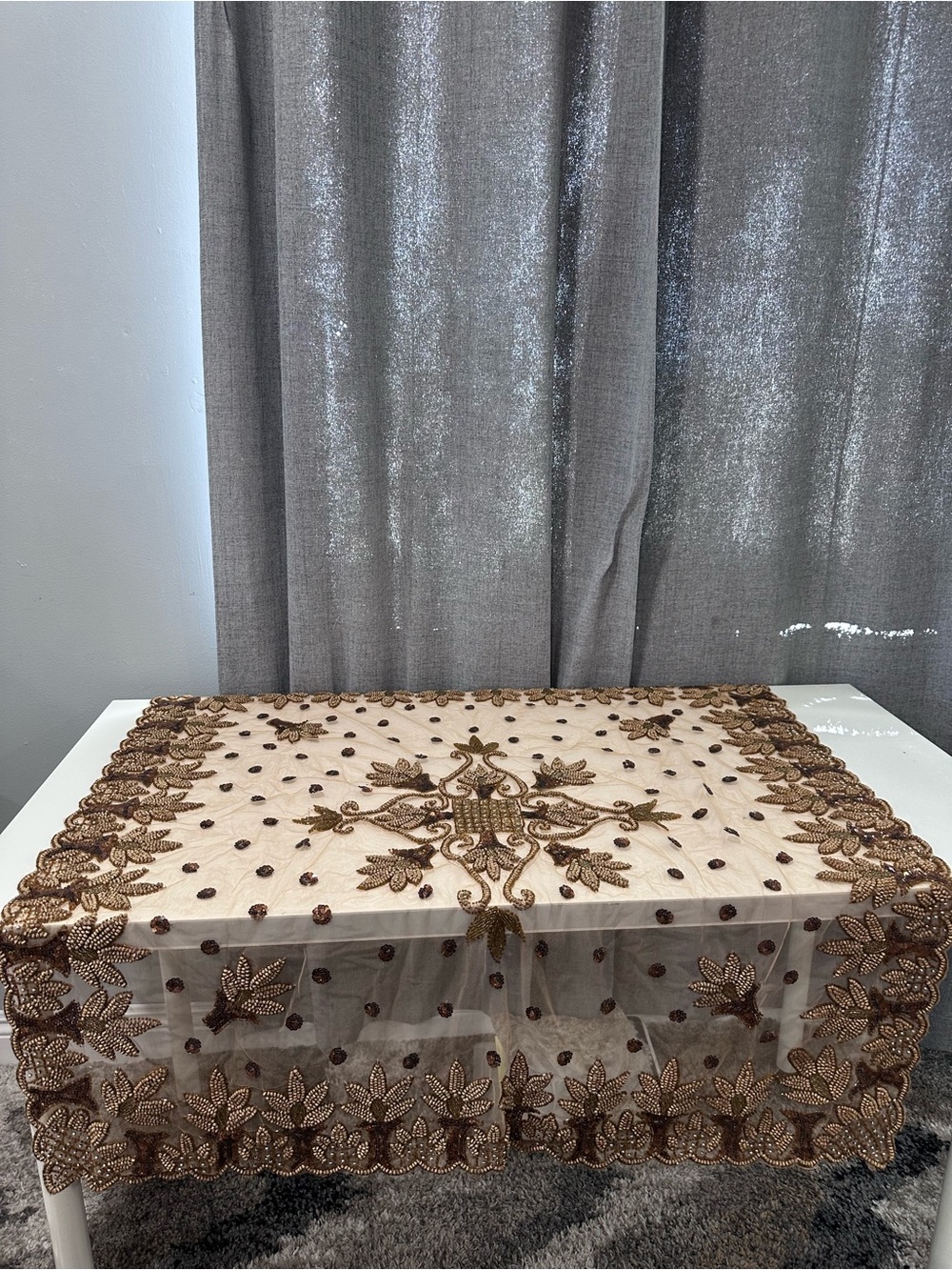Elegant brown beaded table cover.  Embroidered Brown Lace - Dining Accent